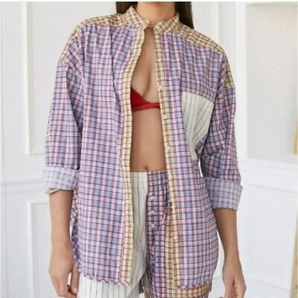 Urban Outfitters Out From Under Mixed Plaid Button Down Shirt - Picture 1 of 8